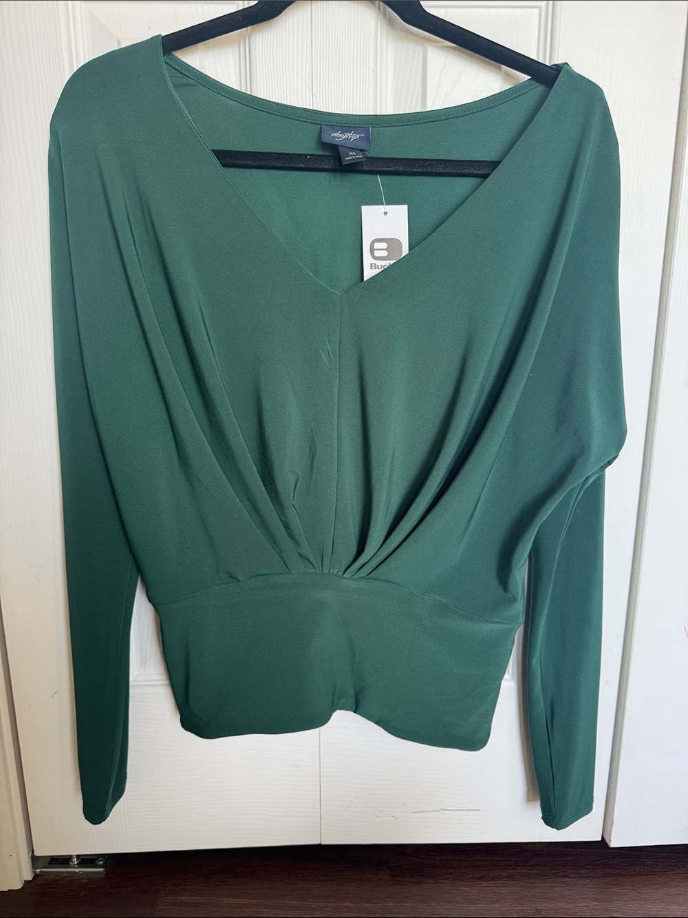 Daytrip Deep Green V-Neck Draped Waist Long Sleeve Top